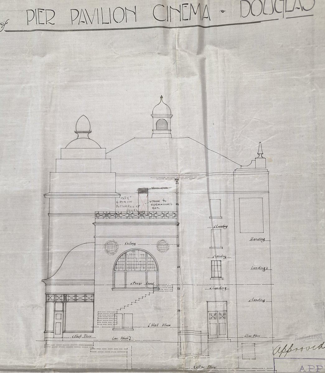 IsleOfManPRO's tweet image. Our Douglas Borough Council building byelaw records 1885-1993 comprise thousands of amazing plans. From 1926, here&apos;s a proposed new &apos;Pier Pavilion&apos; on Walpole Avenue; this would become the Royalty Cinema (seen here behind a 1980s carnival bus!). #SeasideArchitecture #ManxArchives