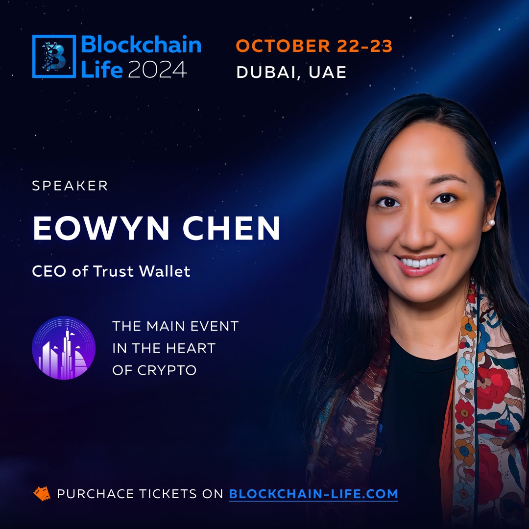 Blockchain Life 2025 (@bllife_forum) on Twitter photo Eowyn Chen takes the stage at Blockchain Life 2024 in Dubai
<a href="/EowynChen/">Eowync.eth</a>, the CEO of <a href="/TrustWallet/">Trust Wallet</a> shares her insights in just 2 months. Over 10,000 attendees from 120+ countries join the Crypto Event of the Year.
🎟 Buy tickets: blockchain-life.com/asia/en/?utm_s… Eowyn Chen takes the stage at Blockchain Life 2024 in Dubai
<a href="/EowynChen/">Eowync.eth</a>, the CEO of <a href="/TrustWallet/">Trust Wallet</a> shares her insights in just 2 months. Over 10,000 attendees from 120+ countries join the Crypto Event of the Year.
🎟 Buy tickets: blockchain-life.com/asia/en/?utm_s…