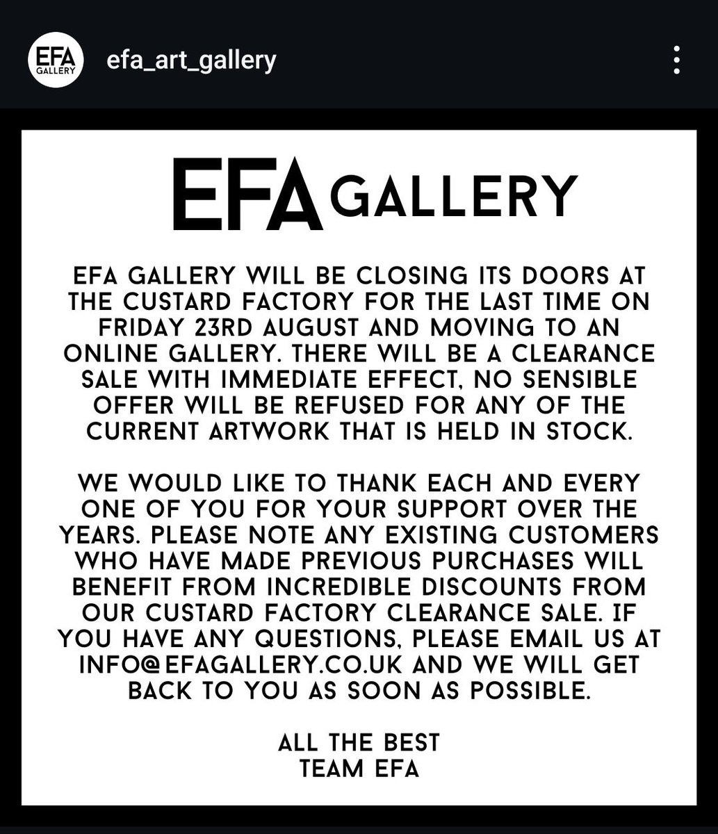 Another gallery closure in Brum. I've genuinely lost count now. 

EFA weren't 'independent' like Lux, Seventh Circle, Purple Gallery and Colley Ison are (they were supplied by a publisher, &amp; they didn't support local artists) but their closure is still indicative of a deep issue
