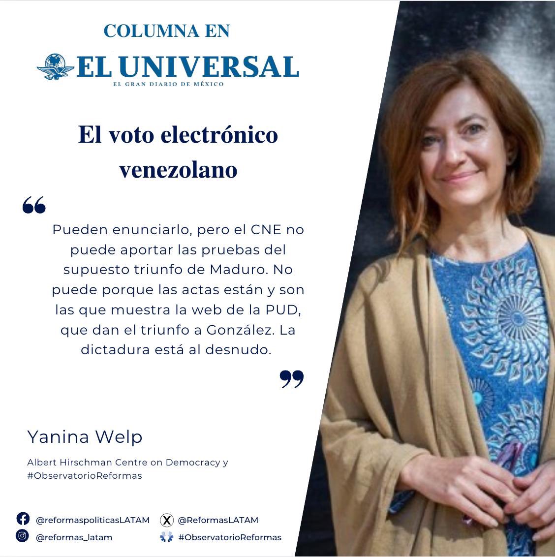 📚✍️| Lee “El voto electrónico venezolano”, la columna de opinión de Yanina Welp [<a href="/Welpita/">Yanina Welp</a>], investigadora del <a href="/GVAGrad_AHDC/">Albert Hirschman Centre on Democracy</a> y  Miembro del <a href="/ReformasLATAM/">Observatorio de Reformas Políticas América Latina</a> para <a href="/El_Universal_Mx/">El Universal</a> 

⬇️
eluniversal.com.mx/opinion/observ…