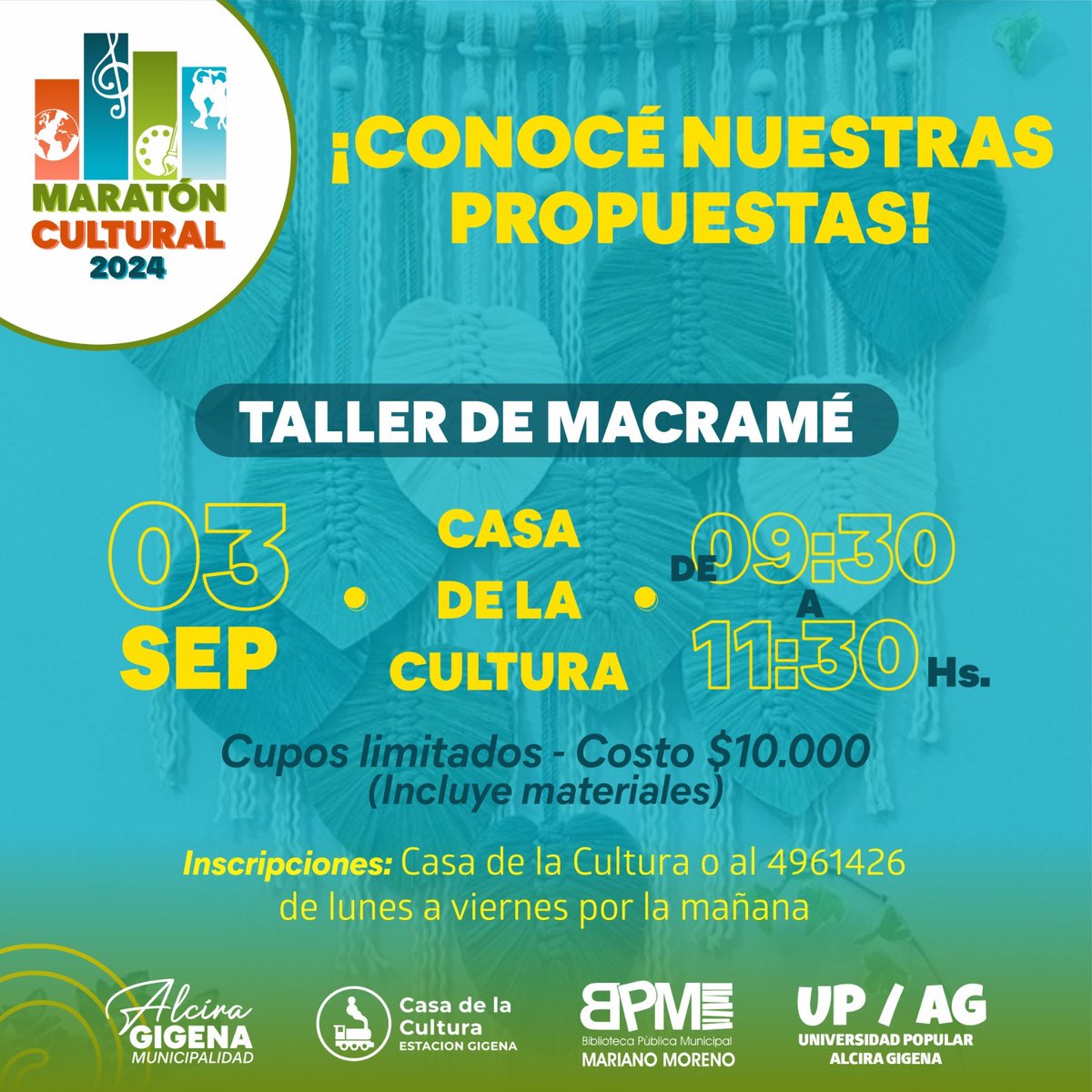 MunicAlcira's tweet photo. 🎉 ¡MARATÓN CULTURAL 2024! 🎨🎭

Estamos preparando propuestas breves para todas las edades. 🌈🤩
¡Queremos que seas parte de esta experiencia llena de arte y cultura! 🙌 ¿Te sumas?🥳

📣Presentamos los primeros dos talleres culturales: https://t.co/sVmK2uBenl