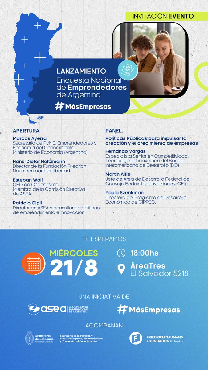 Hoy estaré en el Lanzamiento de la Encuesta Nacional de Emprendedores, invitado por <a href="/aseaorg/">ASEA - Asociación de Emprendedores de Argentina</a>.
En un panel con <a href="/Szenkman/">Paula Szenkman 🎗️</a> y <a href="/f_varg/">Fernando Vargas</a>, contaré sobre las políticas para impulsar ecosistemas emprendedores que trabajamos junto a las provincias desde el <a href="/CFI_Argentina/">CFI</a>.