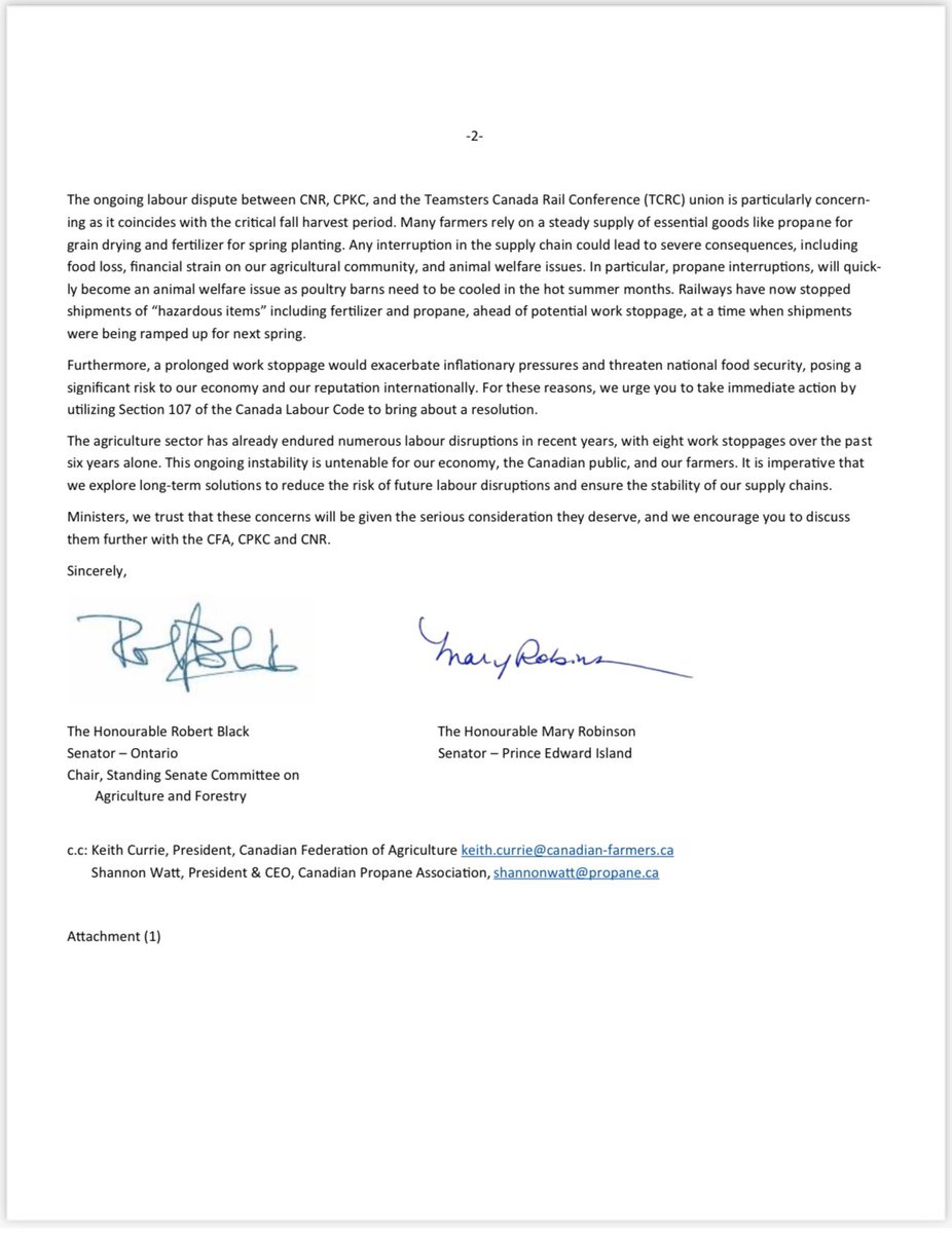 Senator Mary Robinson (@agproudmary) on Twitter photo Canada cannot allow this rail dispute to disrupt our entire supply chain for the 9th time in 6 years. This strike will negatively impact all facets of our national economy.
<a href="/SenatorRobBlack/">Senator Rob Black</a> & I sent this letter to cabinet ministers urging swift & effective action. <a href="/SenateCA/">Senate of Canada</a> Canada cannot allow this rail dispute to disrupt our entire supply chain for the 9th time in 6 years. This strike will negatively impact all facets of our national economy.
<a href="/SenatorRobBlack/">Senator Rob Black</a> & I sent this letter to cabinet ministers urging swift & effective action. <a href="/SenateCA/">Senate of Canada</a>