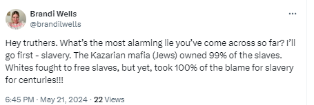 StopAntisemites's tweet photo. Would you trust your health to someone who hates Jews? 

Meet Brandi Wells, Community Health Program Manager at the New York State Department of Health, who in her free time shares antisemitic rhetoric like:

- claims Jews belong to a death cult
- spreads the vile conspiracy that Jews were behind American slavery
- disseminates tropes about Jews being part of a satanic cabal which controls all world affairs 

But it doesn't stop there...