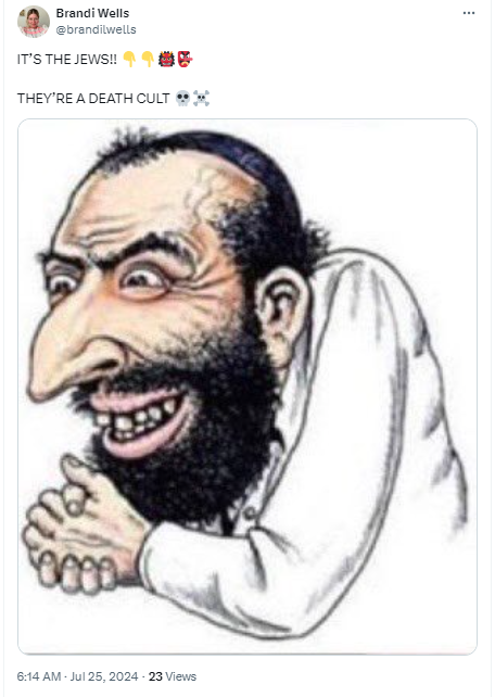 StopAntisemites's tweet photo. Would you trust your health to someone who hates Jews? 

Meet Brandi Wells, Community Health Program Manager at the New York State Department of Health, who in her free time shares antisemitic rhetoric like:

- claims Jews belong to a death cult
- spreads the vile conspiracy that Jews were behind American slavery
- disseminates tropes about Jews being part of a satanic cabal which controls all world affairs 

But it doesn't stop there...