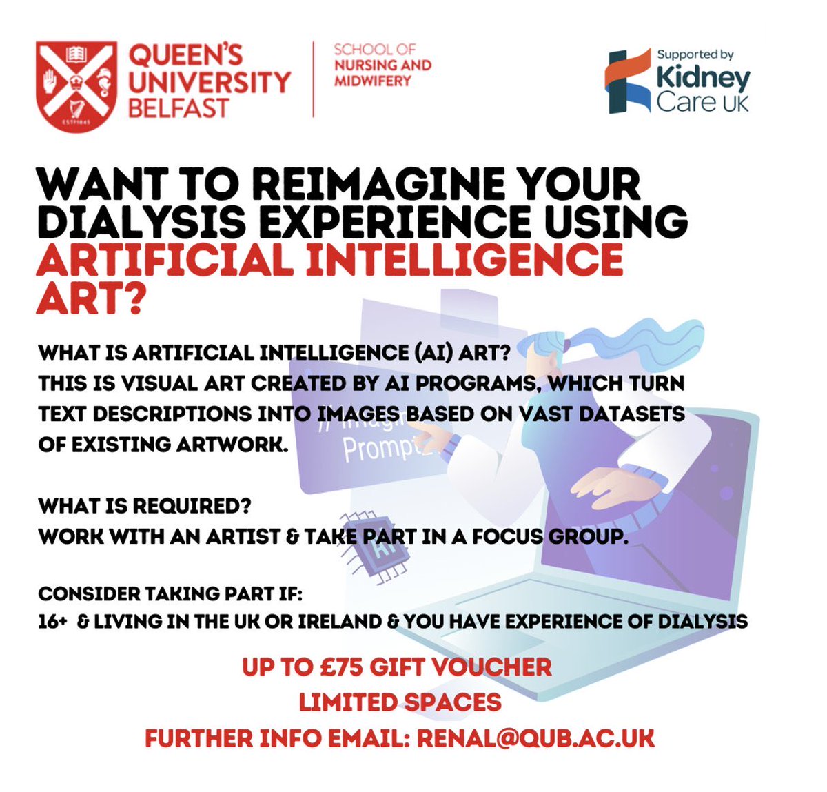 🔊Project ongoing!! 🔊 

Please get in touch with renal@qub.ac.uk if you have experience of dialysis and would like to take part! 

You will receive up to £75 in gift vouchers for your involvement.