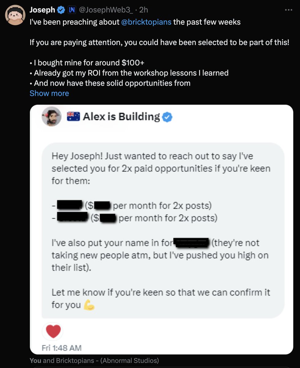 Why is everyone buying Bricktopians atm?

Because we help Web3 creators grow and monetise their content 📈

And we're about to make monetisation even easier...

(*Dropping our minimum requirement from 1,000 impressions per post to 500).

Join our disc workshop in 5 mins to find