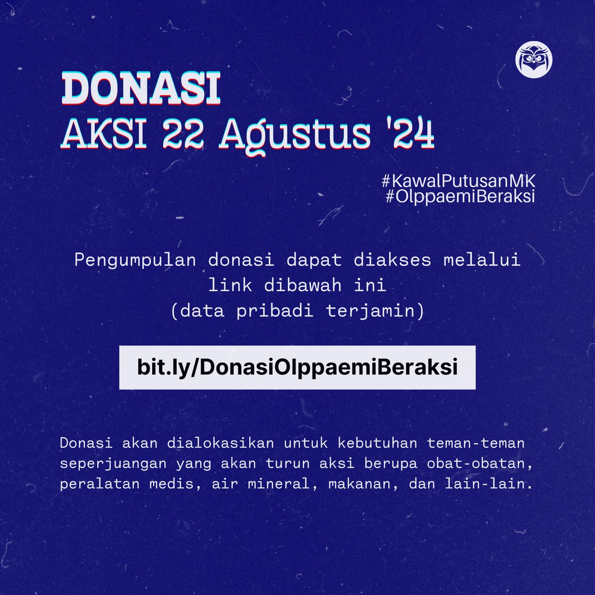Selamat malam!
Teman-teman yang ingin ikut aksi tapi tidak bisa datang besok, boleh memberikan partisipasinya dengan berdonasi via link dibawah ini. 
Titik kumpul dan lokasi medis masih TBA, jadi mohon ditunggu updatenya dari akun kami.

bit.ly/DonasiOlppaemi…