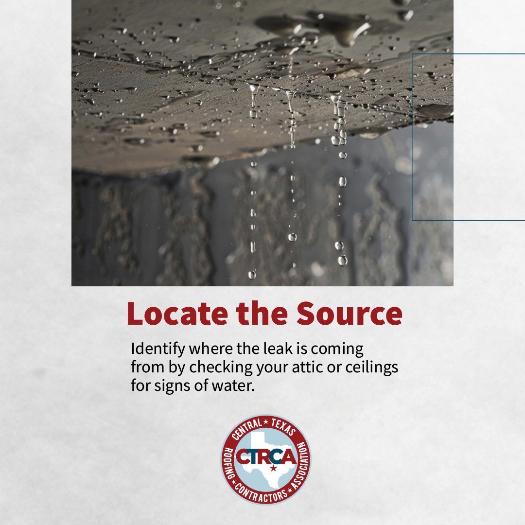 CTRCA_tx's tweet photo. I Think My Roof Is Leaking. What Should I Do?🤔
Quickly identify the source, minimize damage, call a professional, and document everything.
Find one in your part of Central Texas: https://t.co/qA4L4QJ1f2
#CTRCA #RCAT #ContractorAssociation #Austin #SanAntonio #Waco #CentralTX https://t.co/GkJkZKj4QO
