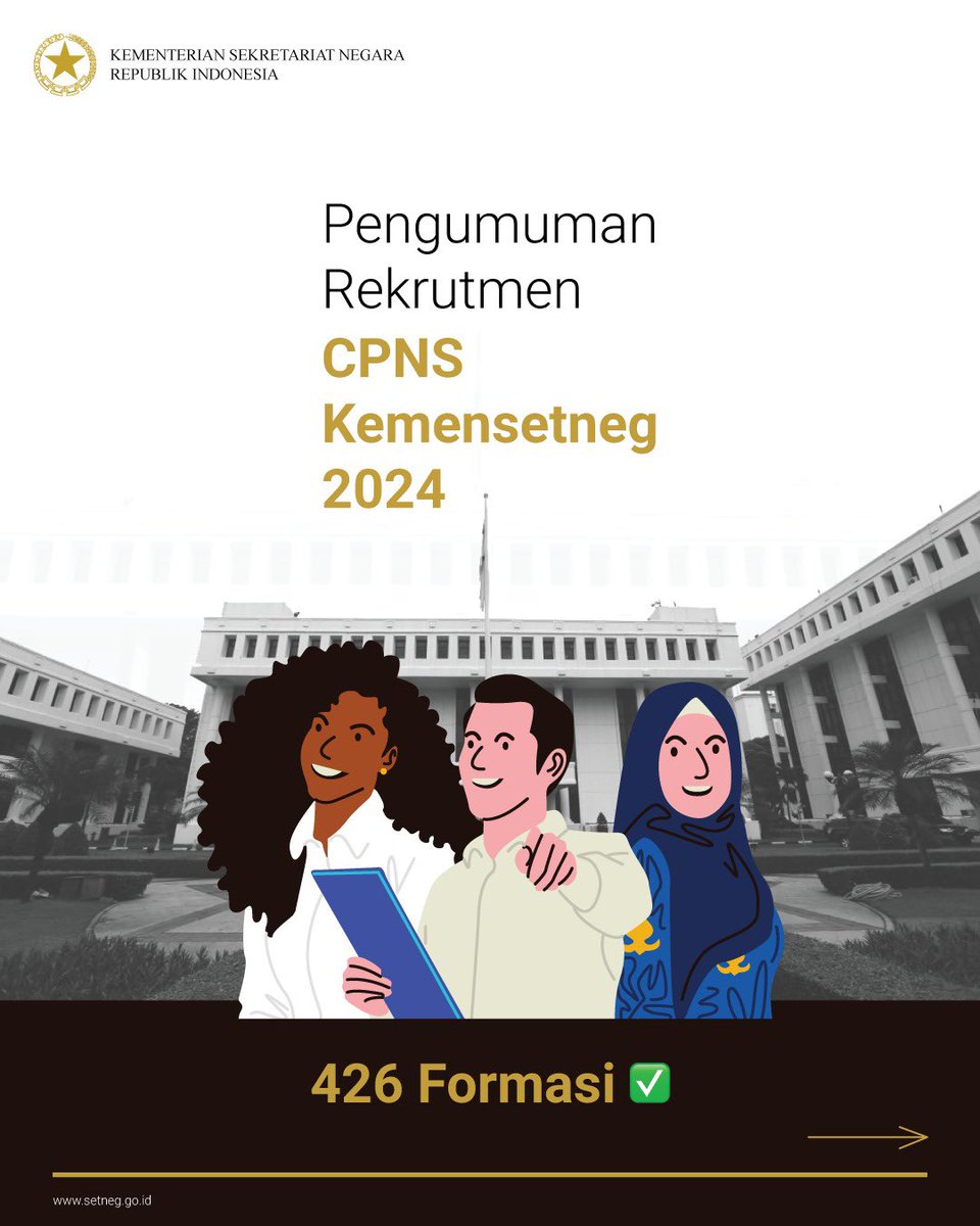 KemensetnegRI's tweet image. 1. Hai hai hai #SobatSetneg! 👋🏻

Siapa nih yang udah menunggu rekrutmen CPNS Kemensetneg? 👀😆

Nah, ini dia pengumumannya! 
Telah dibuka 426 formasi CPNS Kementerian Sekretariat Negara! 😱✍🏻