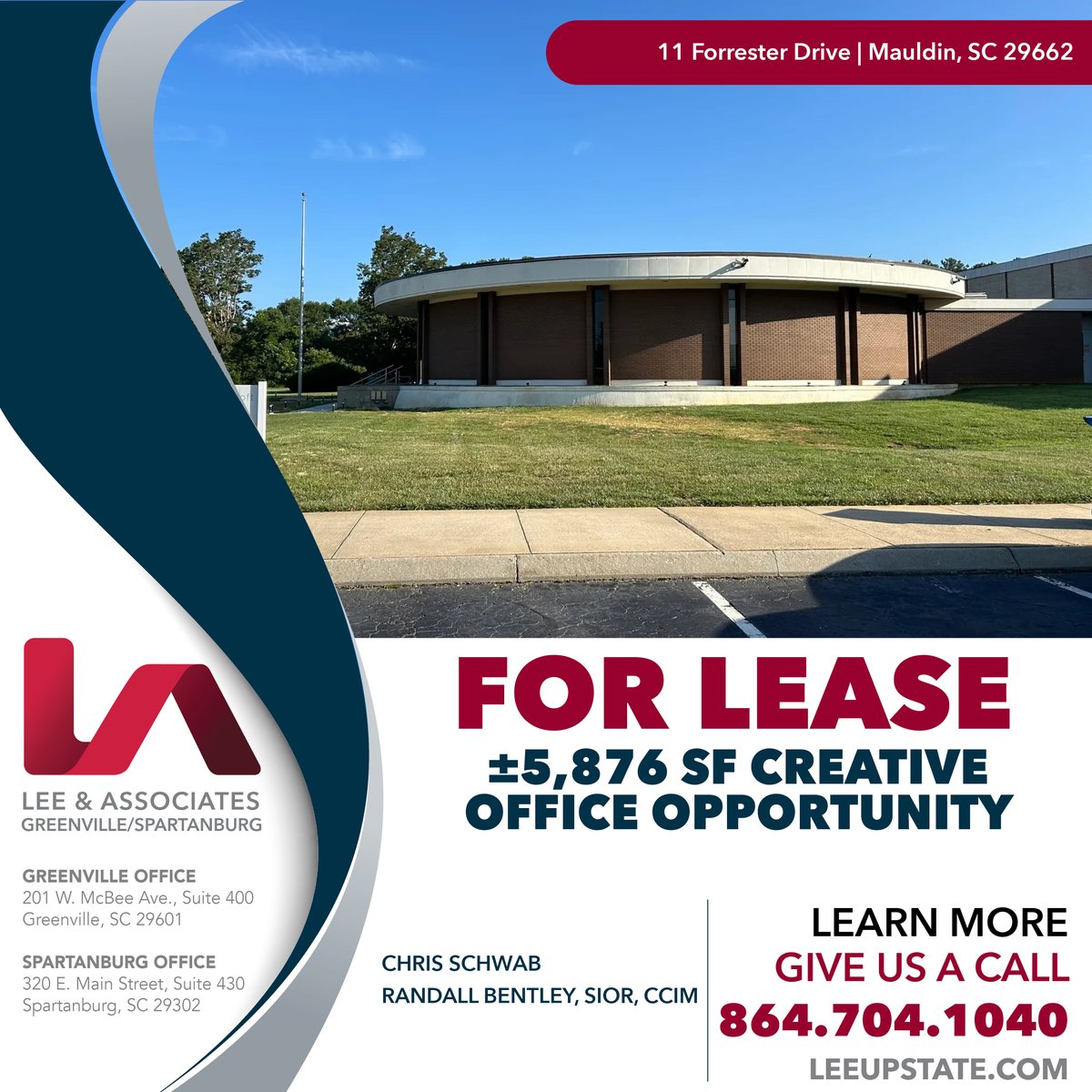 NEW LISTING!
Lee &amp; Associates Greenville / Spartanburg is pleased to present this ±5,876 SF creative office opportunity for lease located at 11 Forrester Drive in Mauldin, SC. 
Click here to view the property online: 
loom.ly/NnjX-kQ
 
#leeassociates #leeupstate