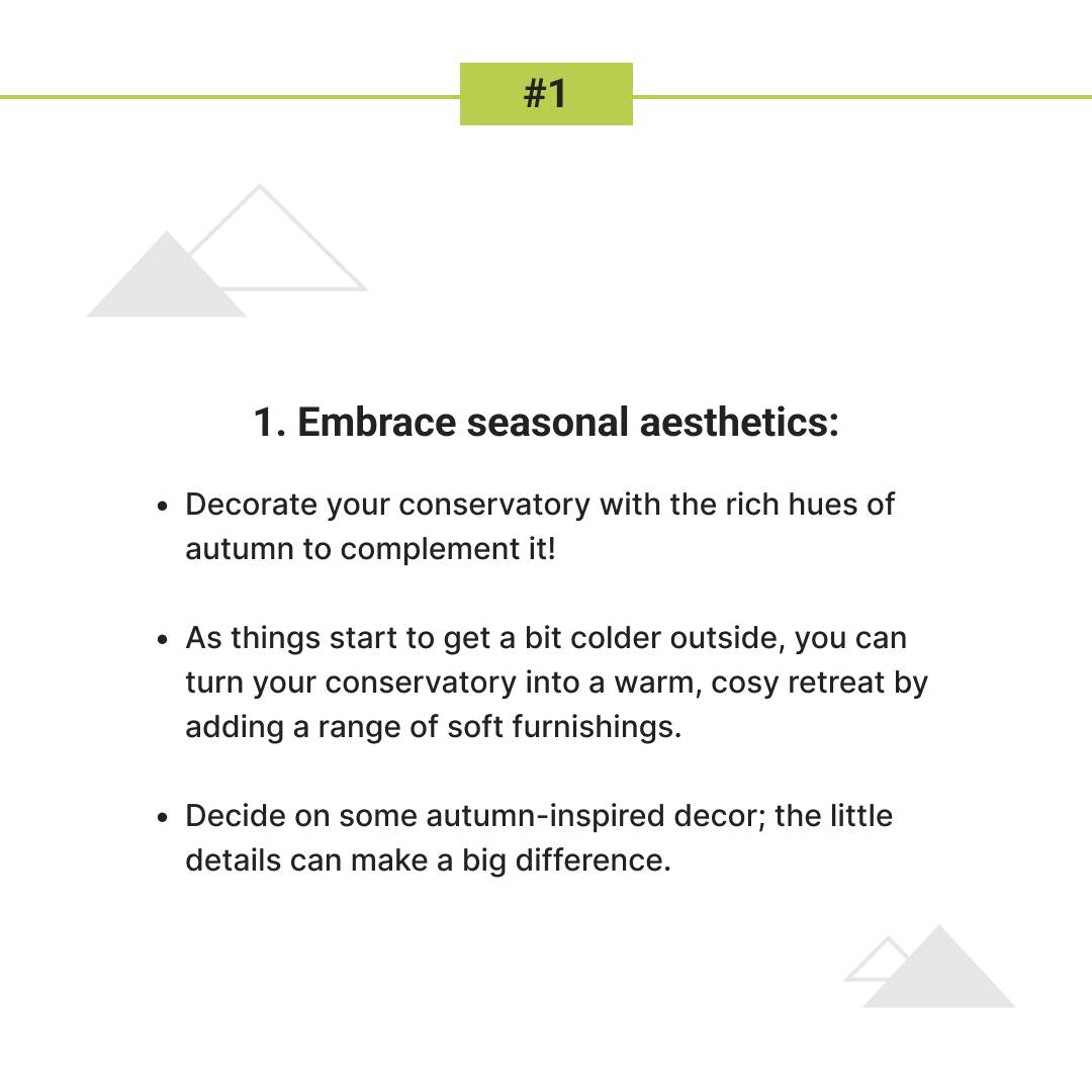 Projects4Roofin's tweet photo. 🍂🏡 Autumn is just around the corner, and it's the perfect time to transform your conservatory into the ultimate cosy haven! Swipe for 3 top tips to enjoy your conservatory this fall. https://t.co/JBE8GqZWgr