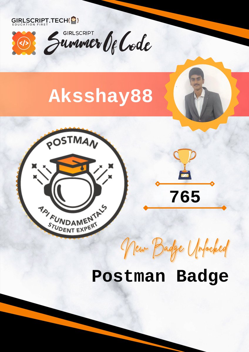 Excited to share that I've completed the Postman API Fundamentals Student Expert Certification! 🚀learned so much about API development and testing. Thanks to
<a href="/sanjay_kv_/">Sanjay Viswanathan</a> and <a href="/ialimustufa/">Ali Mustufa</a>
for this incredible opportunity 📷<a href="/getpostman/">Postman</a> X <a href="/girlscriptsoc/">GirlScript Summer Of Code 2026</a>
#PostmanStudent #GSSoC24