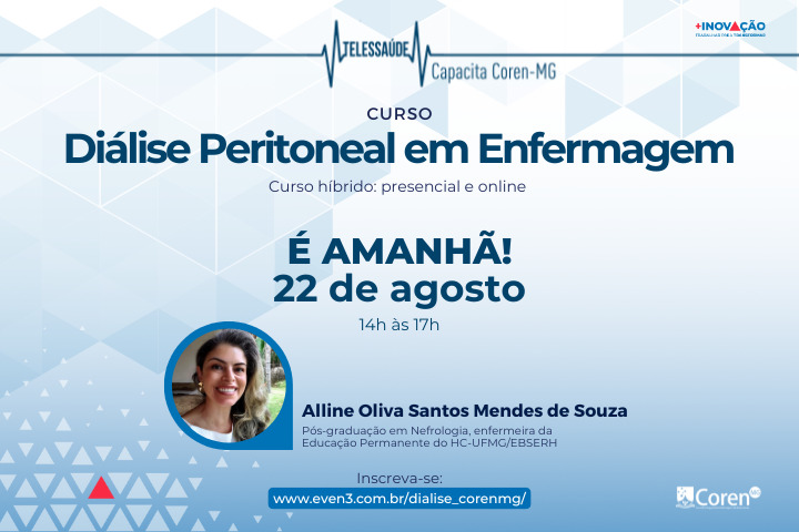 Participe de mais um curso gratuito do Coren-MG! Aproveite esta chance de aprender e se capacitar ainda mais! O link para inscrição é even3.com.br/dialise_corenm…