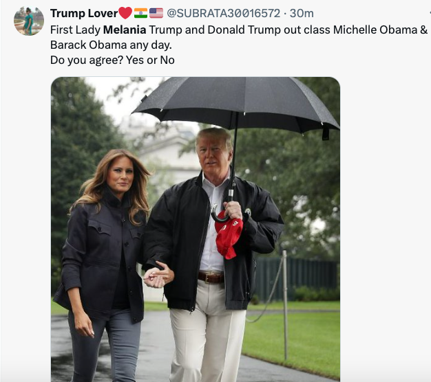 namwella1961's tweet image. I can't decide if it's the bulging diaper, or Trump hogging the umbrella, or the awkward hand holding that brings the class to this picture that Barack &amp;amp; Michelle Obama can only hope to achieve one day.
#ProudBlue #TrumpIsALaughingStock #TrumpIsNotFitToBePresident #VoteBlue2024
