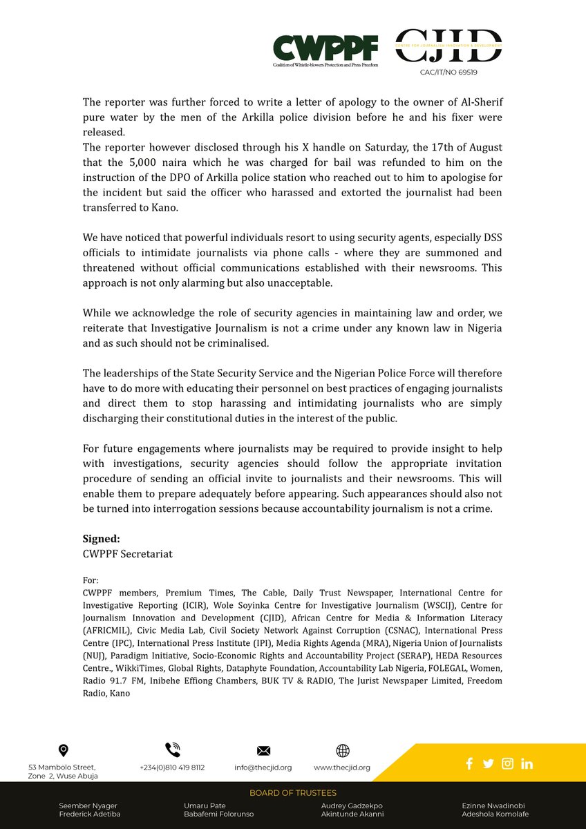 The CWPPF condemns the recurrent attacks on journalists by state agents, including men of <a href="/OfficialDSSNG/">Department of State Services (DSS)</a>, as exemplified by the reported invitation of journalist Abdulrasheed Hammad regarding a <a href="/thecableng/">TheCable</a> report.

Read full press release below or here: bit.ly/3YNxuqt