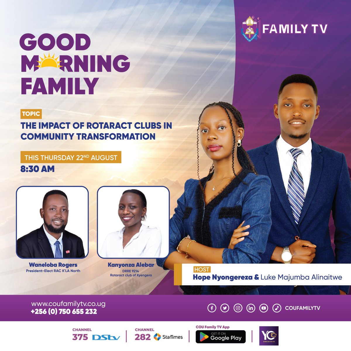 kanosug's tweet photo. Tune in to @coufamilytv this Thursday at 8:30am for a live discussion on "The Impact of Rotaract Clubs in Community Transformation"

Discover how Rotaract is driving positive change with host @nyongereza &  @lukealinaitwe & guests PE @wanelobarogers & DRRE @LebyLil Alebar 
#ItsTimeToJoinRotaract