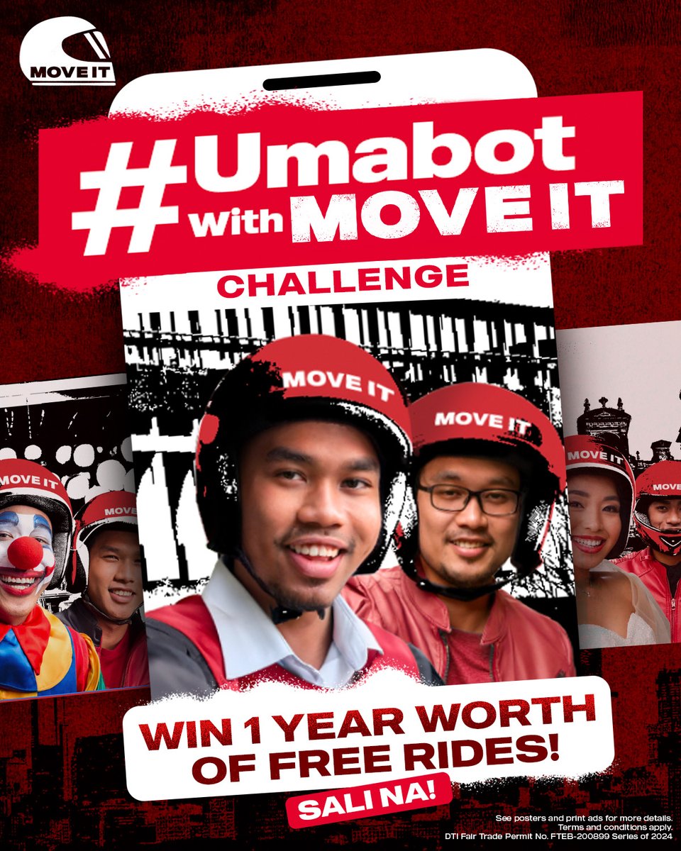moveitph's tweet photo. ONE YEAR FREE RIDES kayo d’yan! 🤑💸🏍️
Sali na sa #UmabotWithMoveIt challenge:
1. Take a selfie with your rider upon drop off to prove na umabot ka sa ganap mo with Move It.
2. Post your selfie on Facebook, Instagram, X, or TikTok with the hashtag #UmabotWithMoveIt and tag Move It official accounts: Facebook: moveitphil Instagram: @moveitph Twitter / X: MoveIt_PH
3. Answer this Google Form for your entries to qualify: https://t.co/Uzj3XZfNde
4. Get the chance to be the ONE lucky winner of one year's worth of FREE MOVE IT RIDES.
Promo runs from Aug. 21 to Sept. 22, 2024. Our lucky winner will be announced on Sept. 23, 2024!
Book lang nang book for more chances of winning! ❤️
Per DTI Fair Trade Permit No. FTEB-200899 Series of 2024