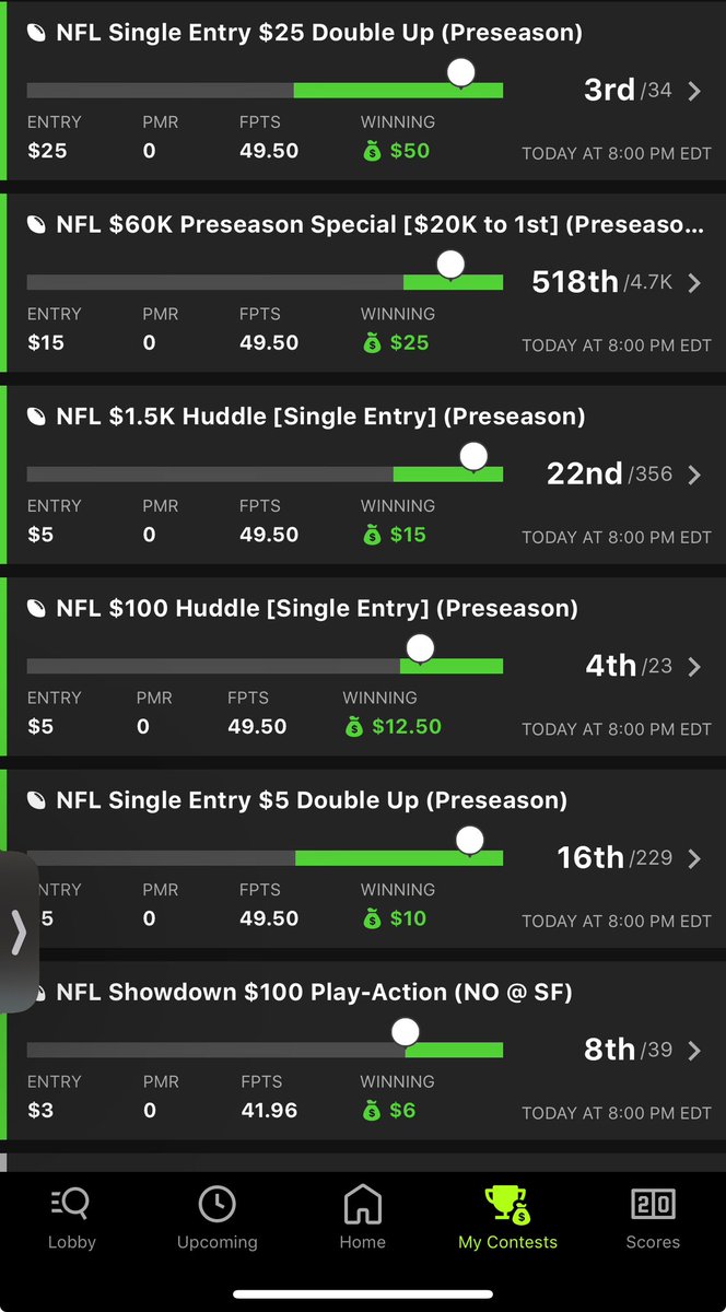 LOCKSandCHALKS's tweet photo. Draftkings recents 📸
Come build that CFB and NFL bankroll with us. I don’t post straight optimizer lines like most. You won’t see any trains, just strategy 💪🏽
🏈⚾️
#dfs #fanduel #draftkings #lineups #nfl #cfb #mlb #nfldfs #cfbdfs #mlbdfs #madden #maddensims https://t.co/OtYeEBI7Ok