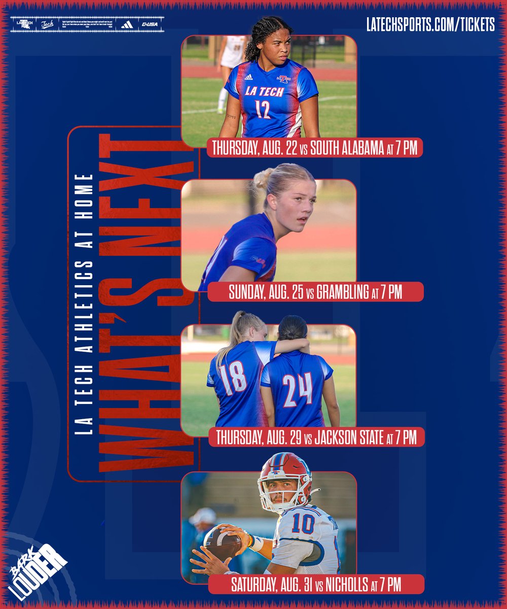 LA Tech Sports (@latechsports) on Twitter photo It's officially Game Week here in Ruston and it all starts tomorrow at The Mack.
<a href="/LATechSOC/">LA Tech Soccer ⚽</a> kicks off our first three home contests followed by <a href="/LATechFB/">LA Tech Football 🏈</a> season opener in The Joe.
These are your first chances to #BarkLouder for the 2024-25 athletic seasons.
🎟️ It's officially Game Week here in Ruston and it all starts tomorrow at The Mack.
<a href="/LATechSOC/">LA Tech Soccer ⚽</a> kicks off our first three home contests followed by <a href="/LATechFB/">LA Tech Football 🏈</a> season opener in The Joe.
These are your first chances to #BarkLouder for the 2024-25 athletic seasons.
🎟️