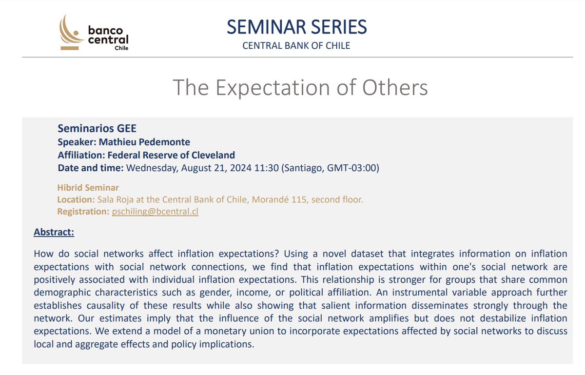 Central Bank of Chile Research (@cbchileresearch) on Twitter photo Today at 11:30 hrs (GMT-3:00) we will have <a href="/mathpedemonte/">Mathieu Pedemonte</a> (Cleveland Federal Reserve) at the <a href="/bcentralchile/">Banco Central de Chile</a> presenting his work titled “The Expectation of Others”. Today at 11:30 hrs (GMT-3:00) we will have <a href="/mathpedemonte/">Mathieu Pedemonte</a> (Cleveland Federal Reserve) at the <a href="/bcentralchile/">Banco Central de Chile</a> presenting his work titled “The Expectation of Others”.