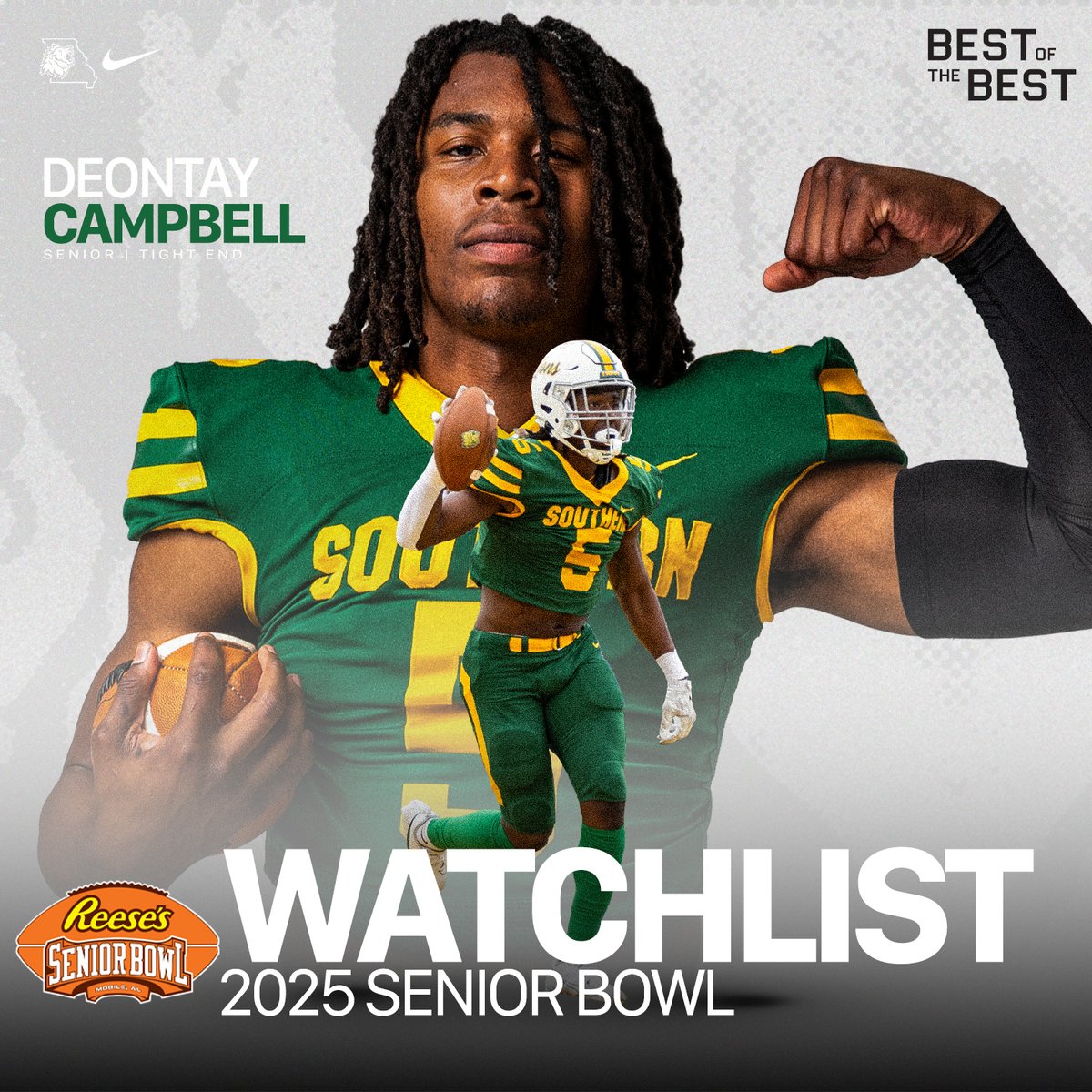 Missouri Southern Football (@mosofootball) on Twitter photo MSSU Football senior, Deontay Campbell, has been named to the 2025 Senior Bowl Watchlist! The 2025 Reese's <a href="/seniorbowl/">Reese's Senior Bowl</a> will be held on February 1, 2025 at the University of South Alabama.
#BestOfTheBest | #TheDraftStartsInMobile MSSU Football senior, Deontay Campbell, has been named to the 2025 Senior Bowl Watchlist! The 2025 Reese's <a href="/seniorbowl/">Reese's Senior Bowl</a> will be held on February 1, 2025 at the University of South Alabama.
#BestOfTheBest | #TheDraftStartsInMobile