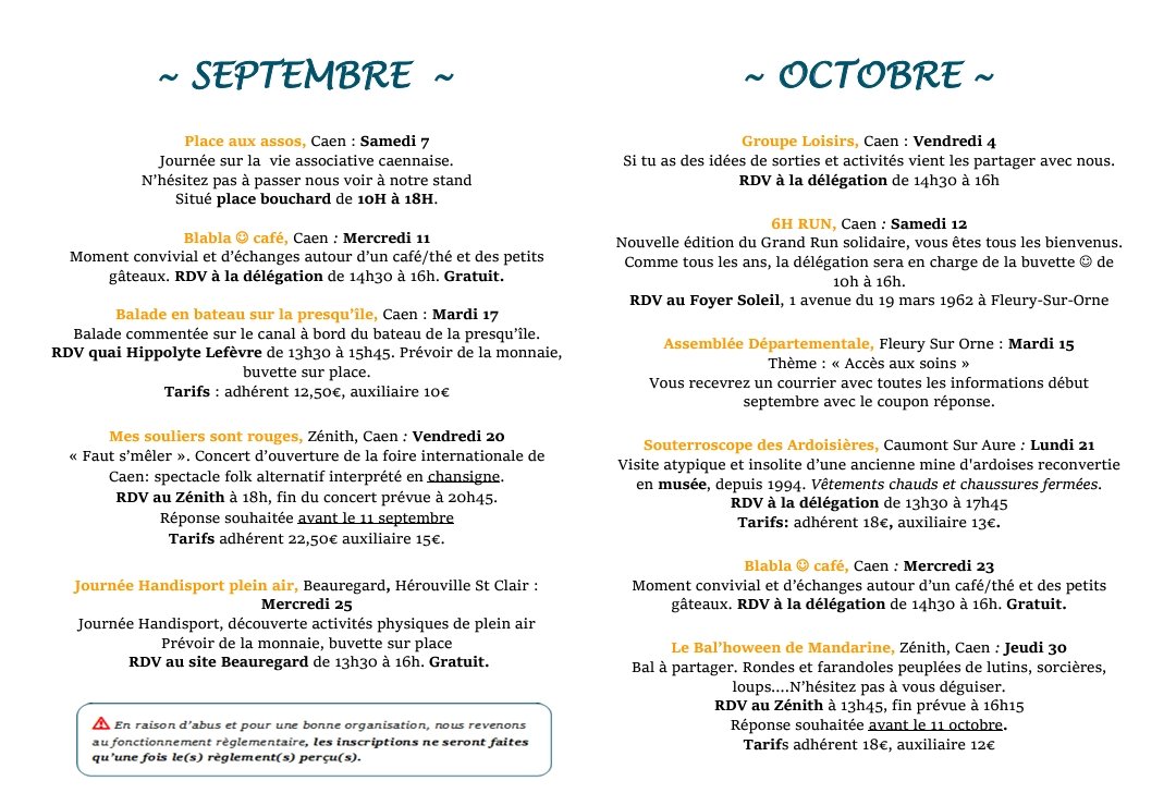 🎉 Programme d'activité Septembre/Octobre
#APFFrancehandicap 
#programme 
#activites