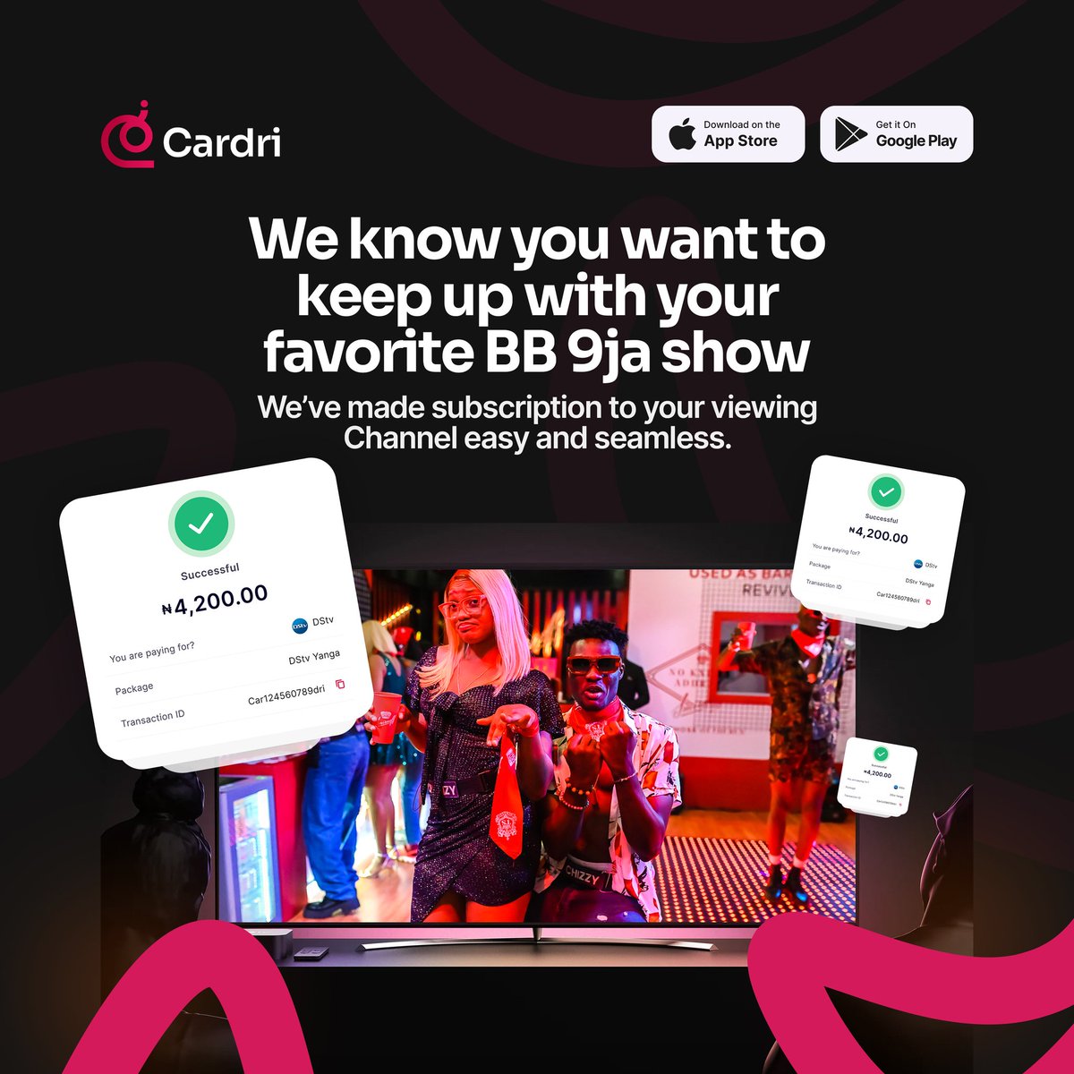 cardrifinance's tweet photo. With Cardri, subscribing your DSTV, GoTV, Startimes or just whichever is your preferred viewing channel is easy and seamless.
Enjoy your evenings with uninterrupted entertainment!
.
.
.
#BB9ja #Cardri https://t.co/x4msI8lbre
