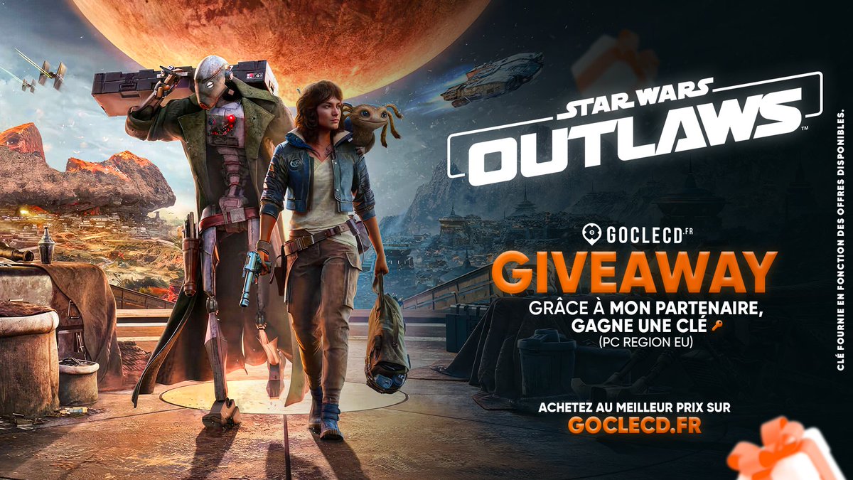 🌌 #StarWarsOutlaws Giveaway ! 🚀

Gagnez un exemplaire de Star Wars Outlaws.

Comment gagner :
1️⃣ Follow <a href="/Goclecd/">Goclecd.fr</a>
2️⃣ Like &amp; RT ce tweet
3️⃣ Taguez un autre fan de Star Wars

📅 Tirage : 2 Septembre 2024. Que la Force soit avec vous !

#StarWars #GameGiveaway