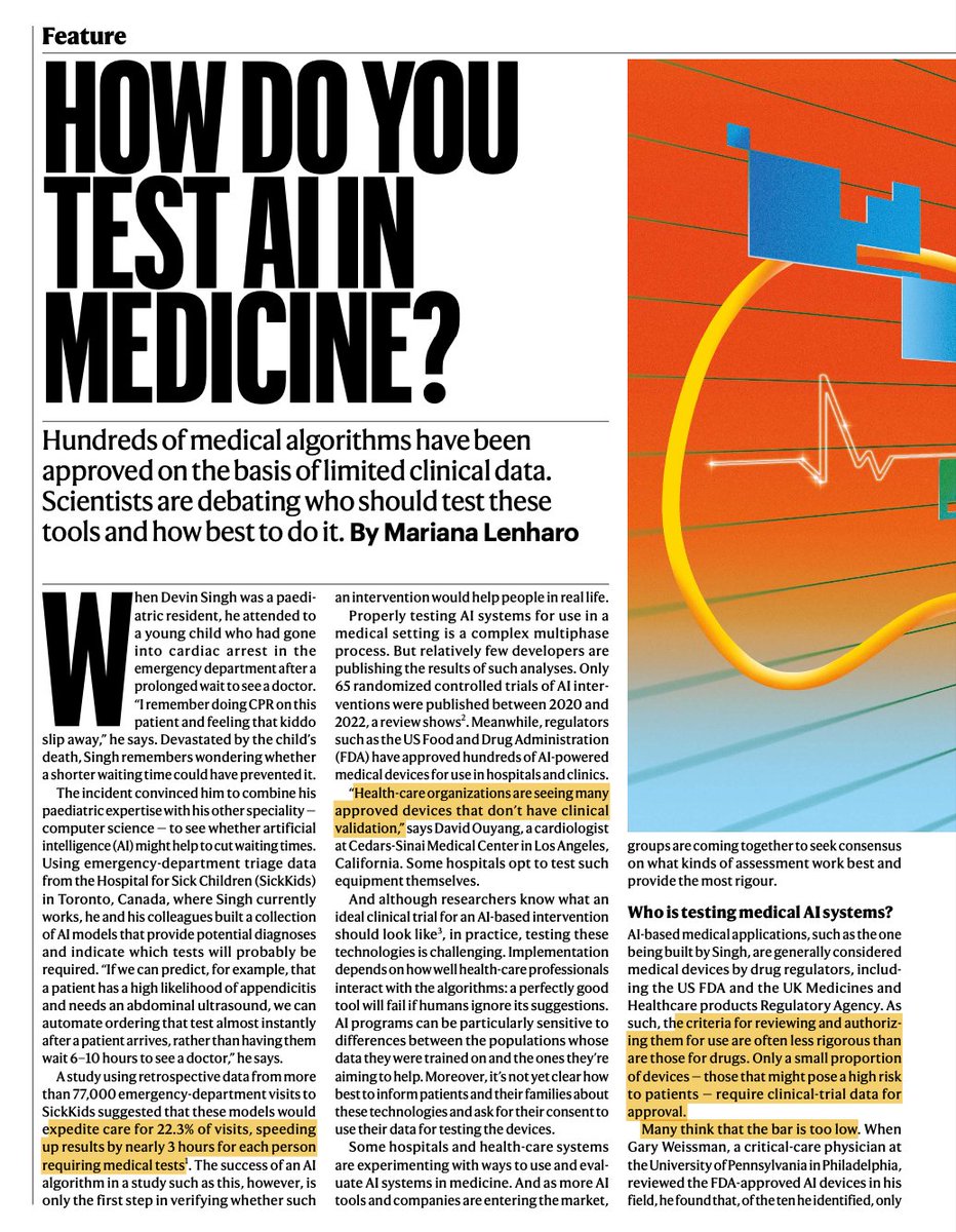 Eric Topol (@erictopol) on Twitter photo A new @nature feature on the low bar for regulatory approval for #AI in medicine, lack of transparency and rigorous studies, and how it's holding back the field and implementation
nature.com/articles/d4158… <a href="/marilenharo/">Mariana Lenharo</a> A new @nature feature on the low bar for regulatory approval for #AI in medicine, lack of transparency and rigorous studies, and how it's holding back the field and implementation
nature.com/articles/d4158… <a href="/marilenharo/">Mariana Lenharo</a>