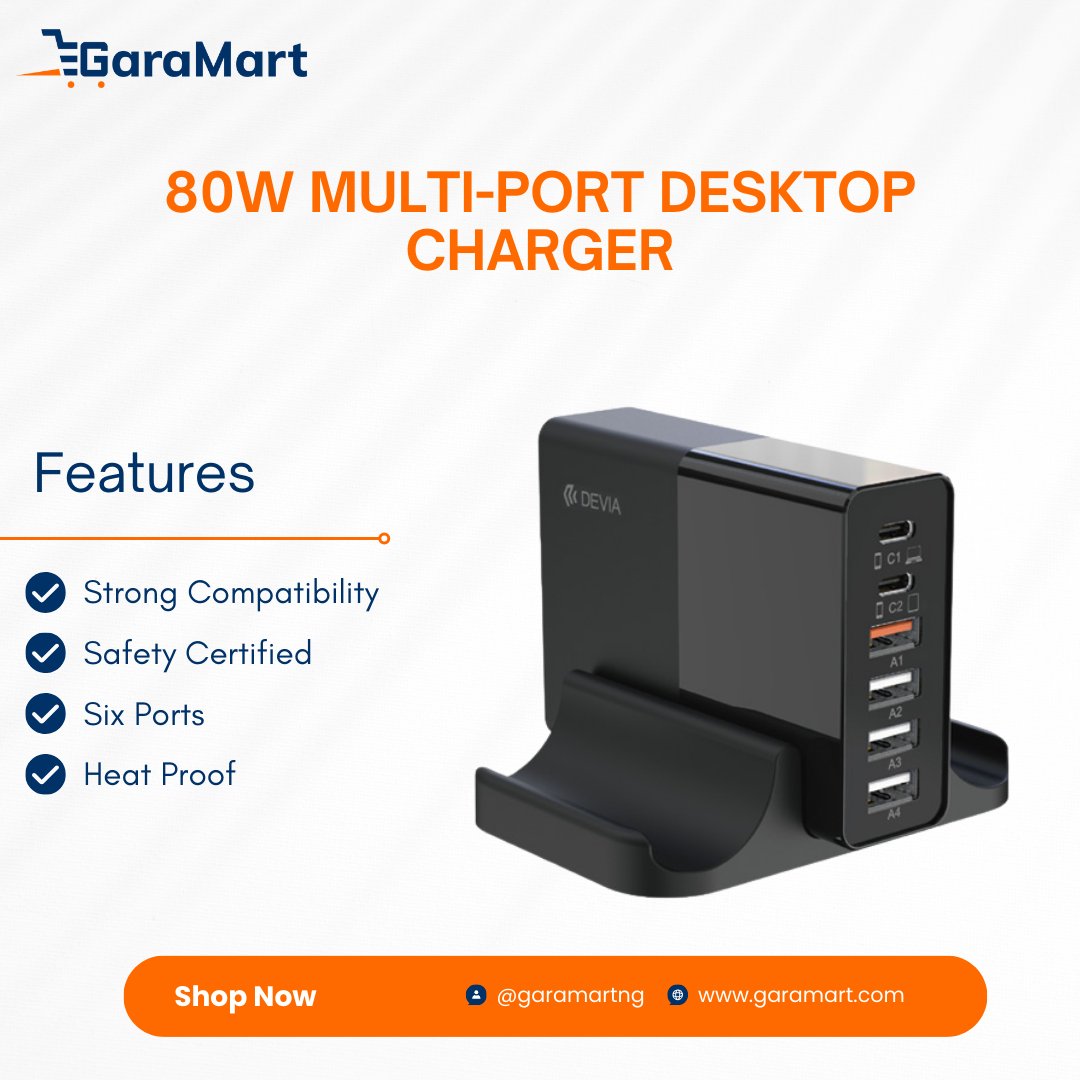 garamartng's tweet image. 80W Multi-Port Desktop Charger

- Strong Compatibility
- Safety Certified
- Six Ports
- For Phones, Tabs &amp;amp; Laptops
- Heat Proof

Order Now: garamart.com/product/80w-mu…

#DesktopCharger #Multiport #DockingStation #FastCharger