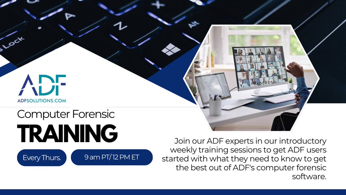 adfsolutions's tweet photo. Join our ADF experts in our weekly training sessions designed to get ADF users started on the right foot with our computer forensic software!
Sign up now - https://t.co/QVhr4V7Cjx
#digitalforensics #computerforensics #macforensics #windowsforensics #chromeforensics https://t.co/BeH7XS1Lvb