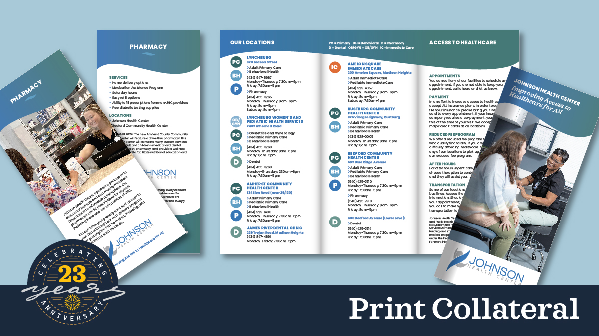StimulusAdv's tweet photo. We've said it before, and we'll say it again...PRINT IS FAR FROM DEAD! When Johnson Health Center needed a refresh on their print collateral after a rebrand, they turned to us—and we were thrilled to deliver!

#printdesign #marketing #design #contentcreation #print https://t.co/3nWLCJueaw