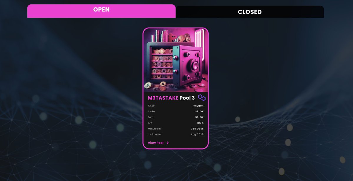 📢 Bloktopia just unleashed a game-changer: Staking is now LIVE across our website AND the Metaverse! 🔥

🏬 Dive into the M3TASTAKE store and discover:
-M3TASTAKE pool 3: 365 days with 100% APY (WOW👀🔥)

Or swing by the official Bloktopia website:
-Pool 29: 360 days with 30%
