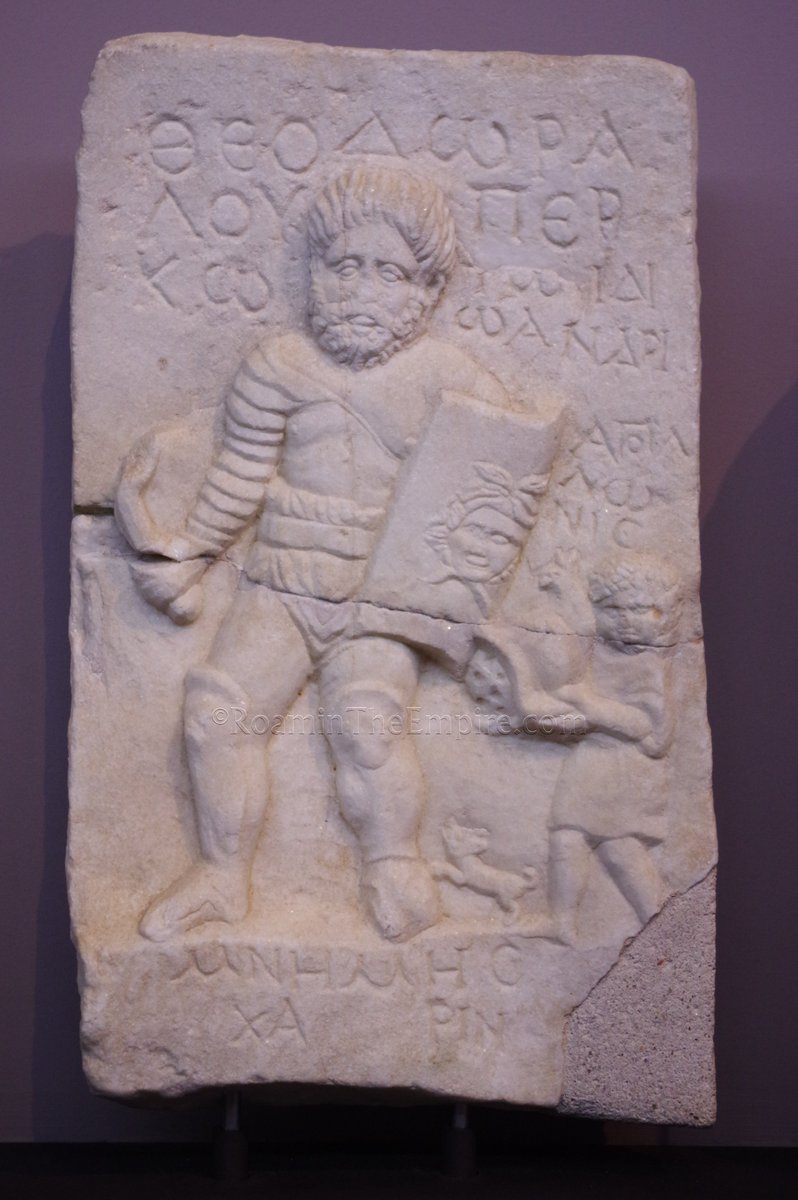 roamintheempire's tweet photo. #ReliefWednesday; from the Archaeological Museum of #Thessaloniki, a funerary stele for the gladiator Lupercus by his wife Theodora. A boy, Apollonis, holds his helmet on the right. Dated to the 2nd half of the 2nd century CE.

#Archaeology #RomanArchaeology #Greece https://t.co/uhVM4R4r4R