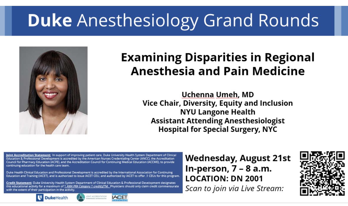 AmandaKumarMD's tweet image. It’s been such an honor to have the brilliant and eloquent @UcheUmehMD here as a visiting professor for @Duke_Anesthesia grand rounds. #DukeRAP fellows have learned about cultural competency and our entire department about health equity disparities and solutions