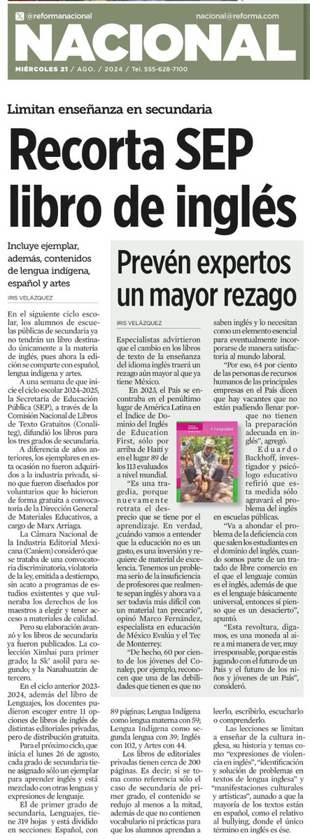 bereaguilarv's tweet photo. Recorta la SEP el libro de inglés en las escuelas secundarias.

Finalmente, López impuso un modelo educativo autoritario. No impartir inglés, es un claro retroceso en el camino hacia una educación de calidad. https://t.co/fQnuyd2svQ
