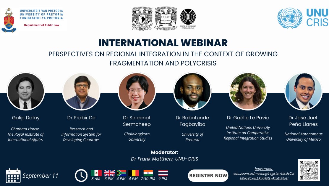 On 11 September, UNU-CRIS is bringing together an international panel of experts to explore the complex dynamics of regional integration in a world characterized by fragmentation and polycrisis.

Register here to join the discussion: cris.unu.edu/perspectives-r…