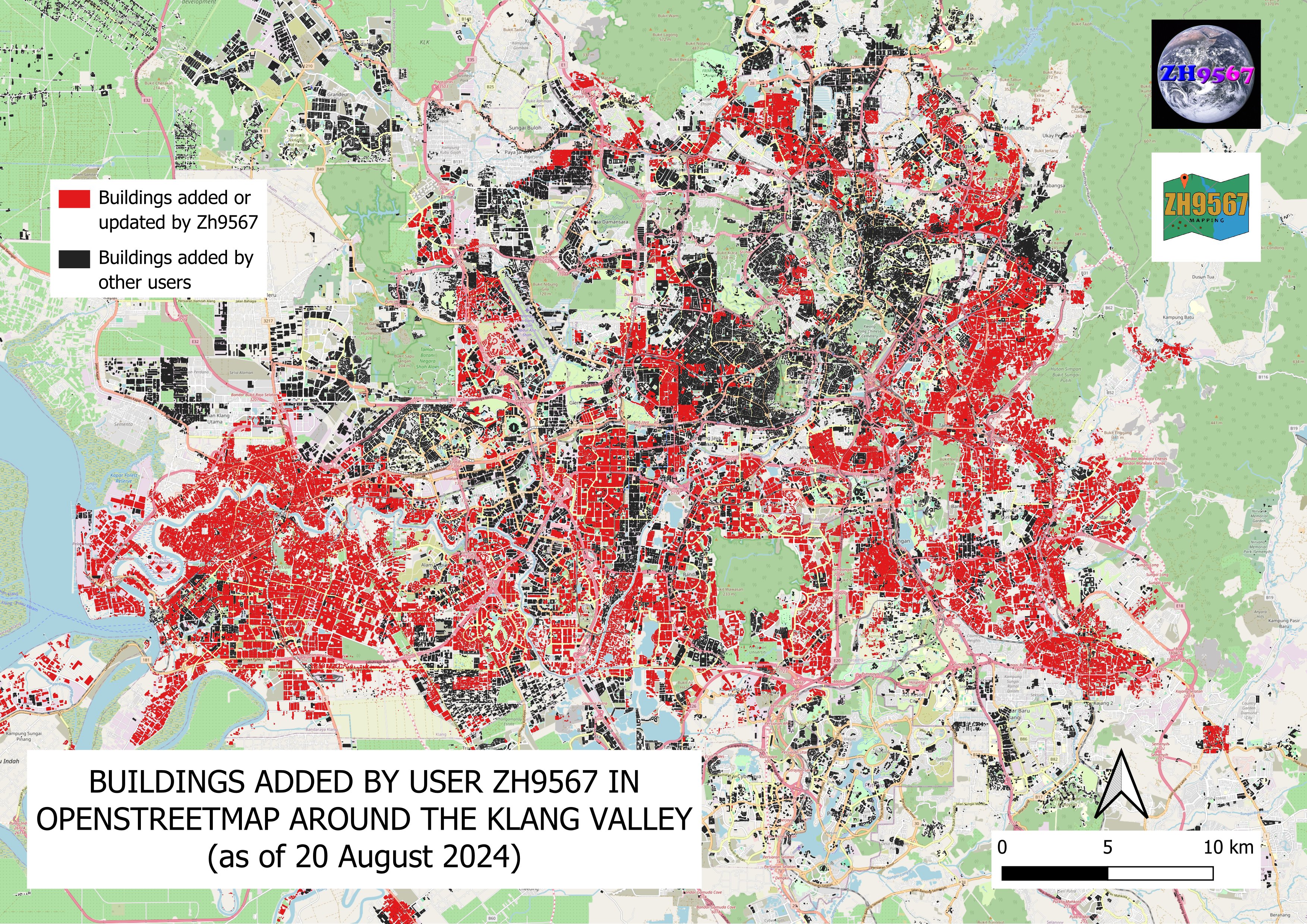 Buildings added by user Zh9567 in OpenStreetMap around the Klang Valley as of 20 Aug 2024. Red is buildings added by the user, black is buildings added by other users.