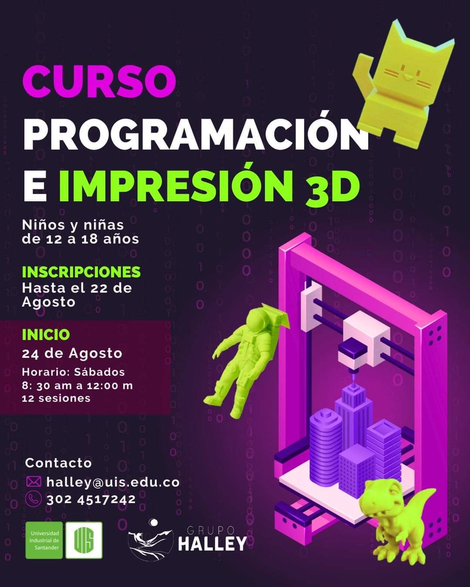 🚀¡Curso de Programación e Impresión 3D para jóvenes creativos! Aprende Scratch y Python, resuelve problemas ambientales, diseña e imprime en 3D. Desarrolla habilidades esenciales y tu creatividad.
Público: 12 A 18 años.
Cupo: 20 estudiantes. ¡Inscríbete! 
halley.uis.edu.co/extension/eco-…