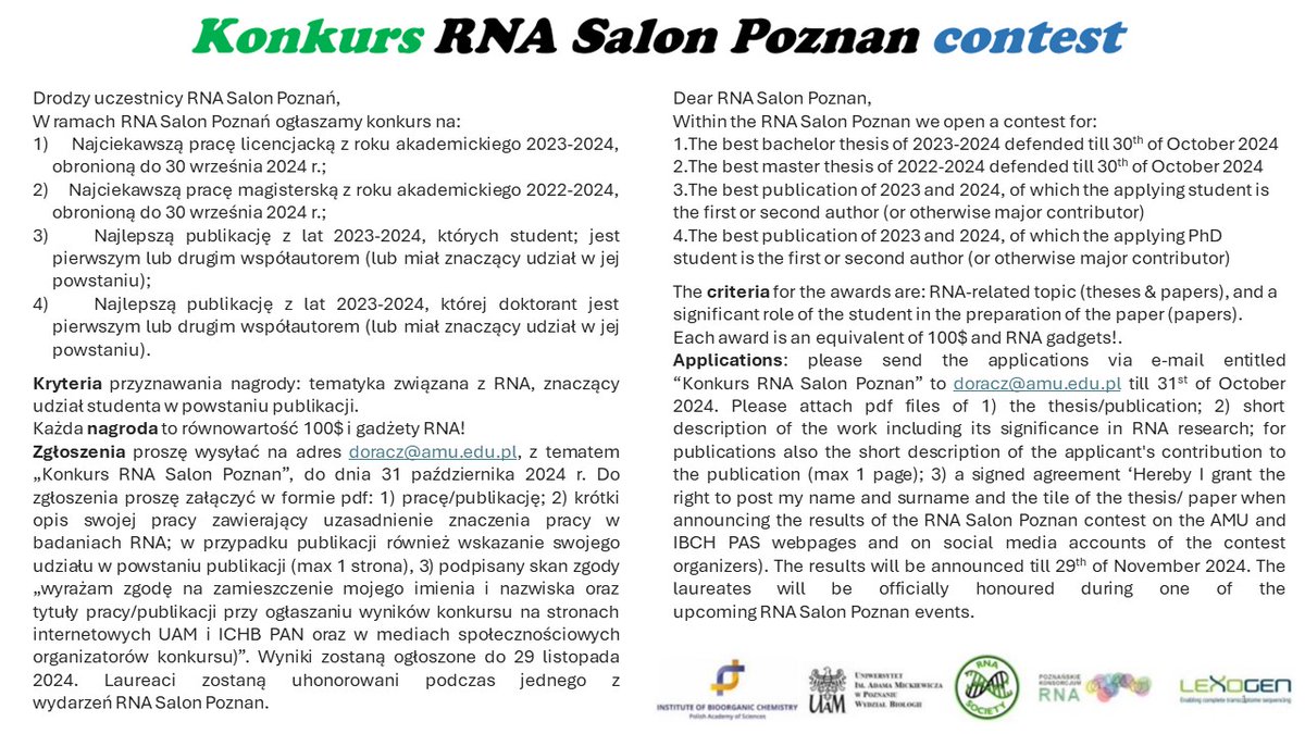 UAM PLAB - Laboratory of RNA Processing (@uamplab) on Twitter photo The RNA Salon Poznan contest for students and PhD candidates has been announced :) Please see the graphics for details. Application deadline: 31.10.2024. <a href="/UAM_IBMiB/">IMBB AMU Poznań</a> <a href="/ICHBPAN/">Instytut Chemii Bioorganicznej PAN</a> <a href="/RNASociety/">The RNA Society</a> The RNA Salon Poznan contest for students and PhD candidates has been announced :) Please see the graphics for details. Application deadline: 31.10.2024. <a href="/UAM_IBMiB/">IMBB AMU Poznań</a> <a href="/ICHBPAN/">Instytut Chemii Bioorganicznej PAN</a> <a href="/RNASociety/">The RNA Society</a>