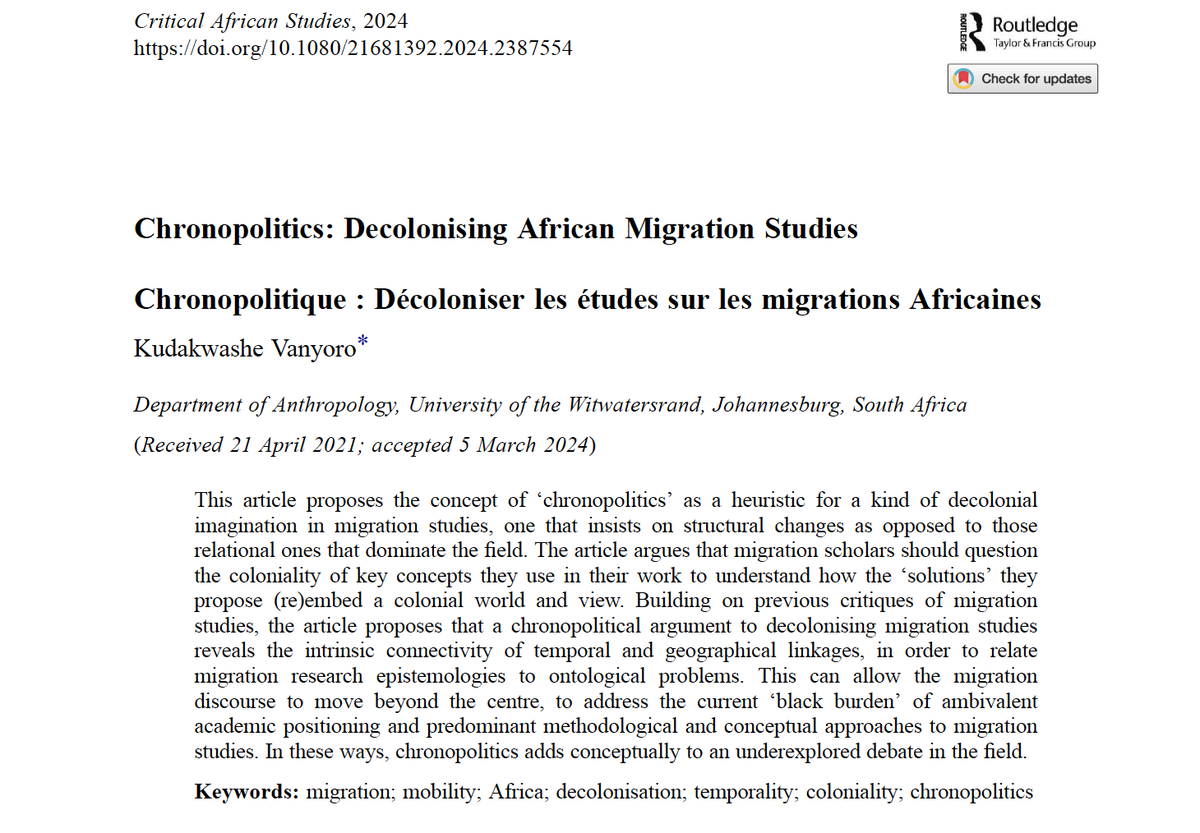 Dr Kudakwashe Vanyoro (@kudavan) on Twitter photo My new paper, "Chronopolitics: Decolonising African Migration Studies".
Open Access in Critical African Studies Journal <a href="/CrASJournal/">Critical African Studies Journal</a>: tandfonline.com/doi/full/10.10… My new paper, "Chronopolitics: Decolonising African Migration Studies".
Open Access in Critical African Studies Journal <a href="/CrASJournal/">Critical African Studies Journal</a>: tandfonline.com/doi/full/10.10…