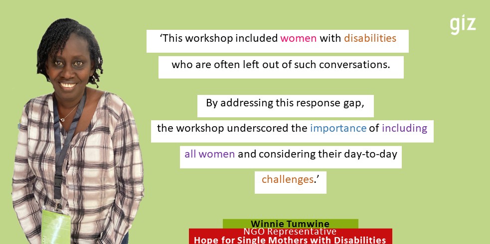 giz_rwanda's tweet photo. Winnie Tumwine appreciates the inclusion of women with disabilities in the National Workshop on #Gender and #ClimateChange, organized in collaboration with @WwccnOrg and @KvinnaKvinnaINT.
Fostering a #GreenRwanda 🇷🇼🌿through #GermanCooperation🤝| #GenderClimateAction🇷🇼
@hsmdhopes https://t.co/nS8atclBCq