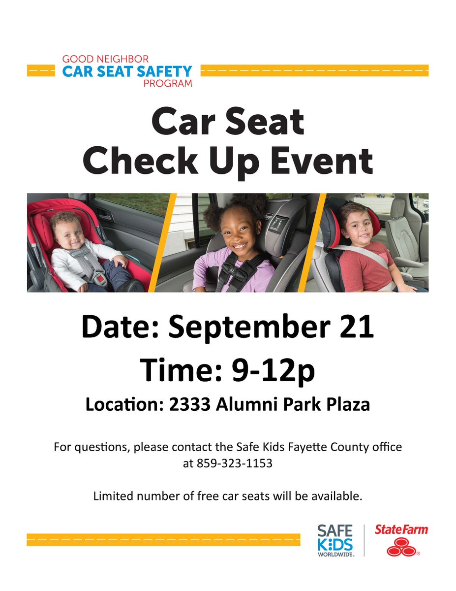 SafeKidsFayette's tweet photo. Save the date! Join us for Seat Check Saturday on September 21st at 9a-12p. The event is FREE, open to the public, and no appointment needed. A limited number of free car seats will be available. Please share! #SeatCheckSaturday #SafeKids #carseatcheck #buckleup https://t.co/sORJM7CvdX