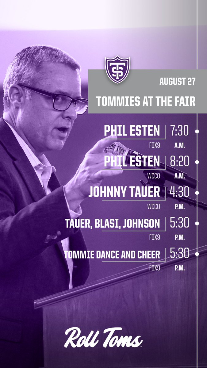 St. Thomas Athletics (@tommieathletics) on Twitter photo Hello <a href="/mnstatefair/">Minnesota State Fair</a>...
We'll be there August 27 to visit with <a href="/FOX9/">FOX 9</a>, <a href="/wccoradio/">News Talk 830 WCCO</a> <a href="/DeRushaJ/">Jason DeRusha</a>, hand out some free tickets(!!) and have some Fair fun!
See you there!
<a href="/CoachBlasi/">Rico Blasi</a> <a href="/pjesten/">Phil Esten</a> <a href="/JohnnyTauer/">Johnny Tauer</a> <a href="/joel4johnson/">Joel Johnson</a>
#RollToms Hello <a href="/mnstatefair/">Minnesota State Fair</a>...
We'll be there August 27 to visit with <a href="/FOX9/">FOX 9</a>, <a href="/wccoradio/">News Talk 830 WCCO</a> <a href="/DeRushaJ/">Jason DeRusha</a>, hand out some free tickets(!!) and have some Fair fun!
See you there!
<a href="/CoachBlasi/">Rico Blasi</a> <a href="/pjesten/">Phil Esten</a> <a href="/JohnnyTauer/">Johnny Tauer</a> <a href="/joel4johnson/">Joel Johnson</a>
#RollToms