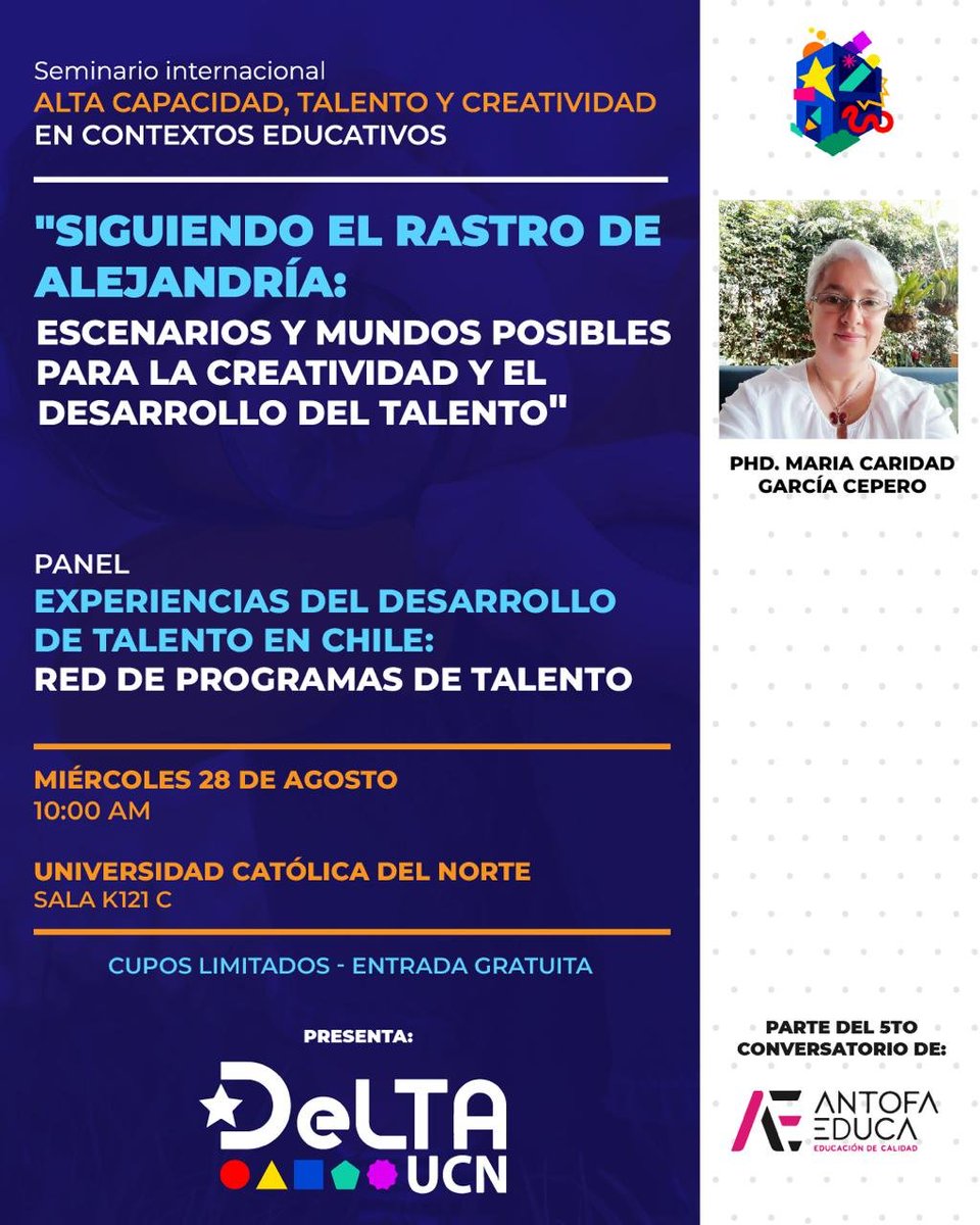 LabEduca's tweet image. Todas/os invitados al seminario internacional, que celebra los 20 años @DeLTAUCN de @UCNorte. Se abordará la temática de las altas capacidades, con la especialista @Mcgarciacepero. Esta actividad se realiza en colaboración con AntofaEduca
Inscripciones en: docs.google.com/forms/d/e/1FAI…