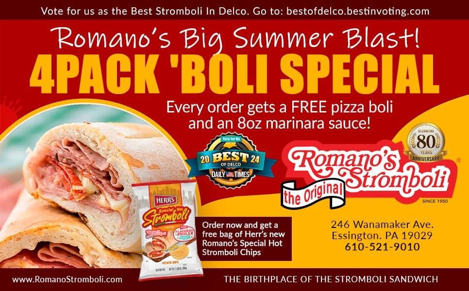 As a “ thank you “ to all  our wonderful customers for their loyal support  by “ Chipping in!” This summer , Romano’s is continuing this amazing special offer both in house and as a shipping order anywhere coast to coast !
Order online here:

romanostromboli.com