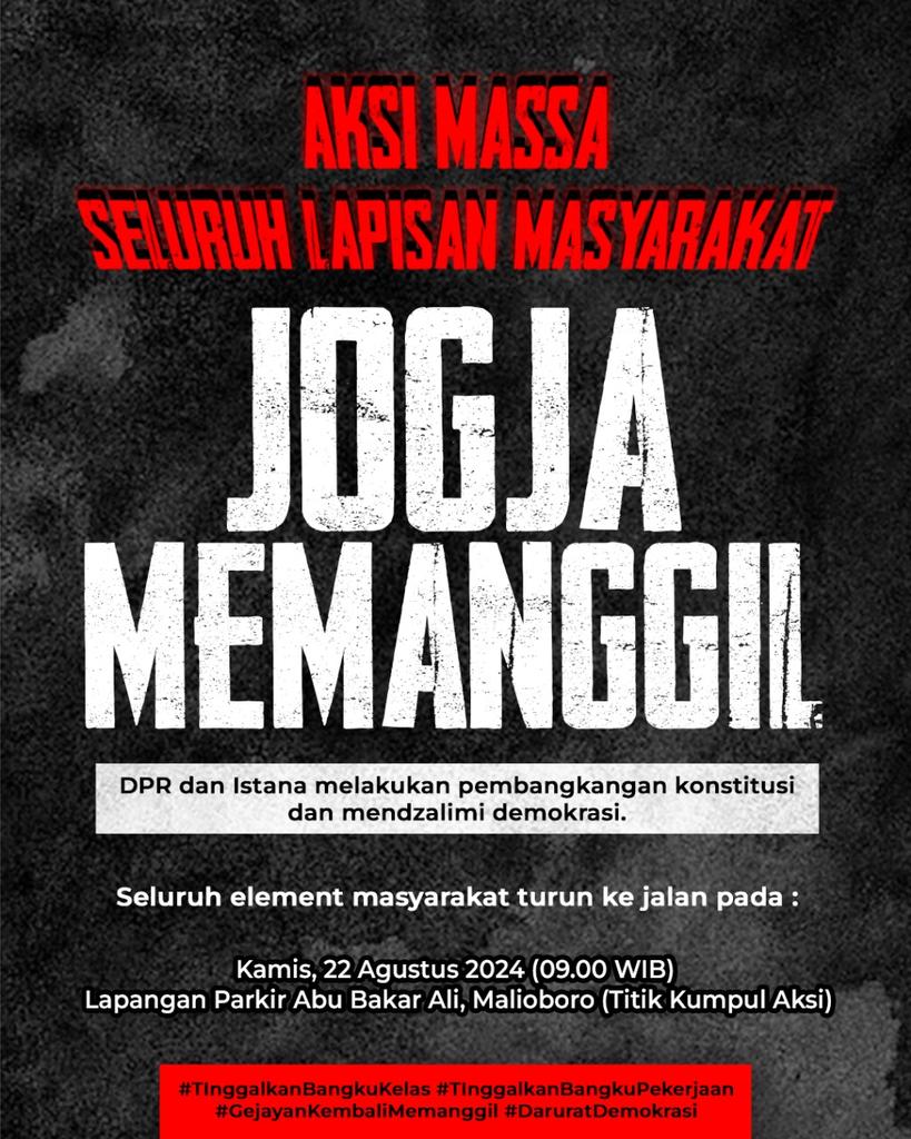 GejayanCalling's tweet photo. #JogjaMemanggil 

serentak, dari kampus-kampus dan gang gang warga. 

Kami dari Jogja menggemakan suara
Kepada Rakyat DPR harus tunduk,  jika tak mau ambruk! 

#TinggalkanBagkuKelas #TinggalkanBangkuPekerjaan #GejayanKembaliMemanggil https://t.co/M2gFuE8DmE