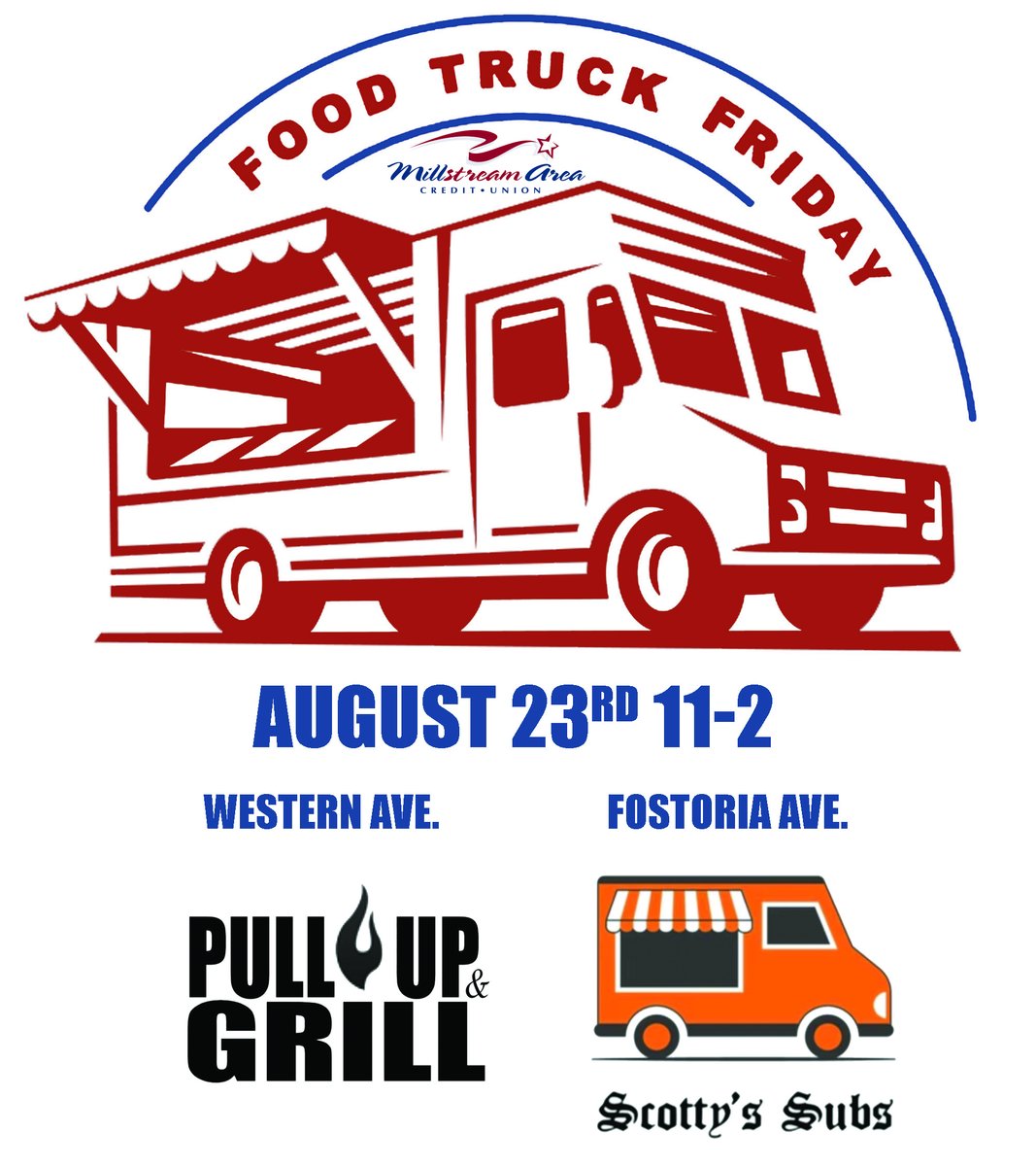 millstreamcu's tweet photo. The weather this week is perfect for food trucks! Join us on Friday from 11-2. We'll have Scotty’s Subs  at Fostoria Ave. and Pull up &amp; Grill at Western Ave. https://t.co/Z4Wvv7hwGz