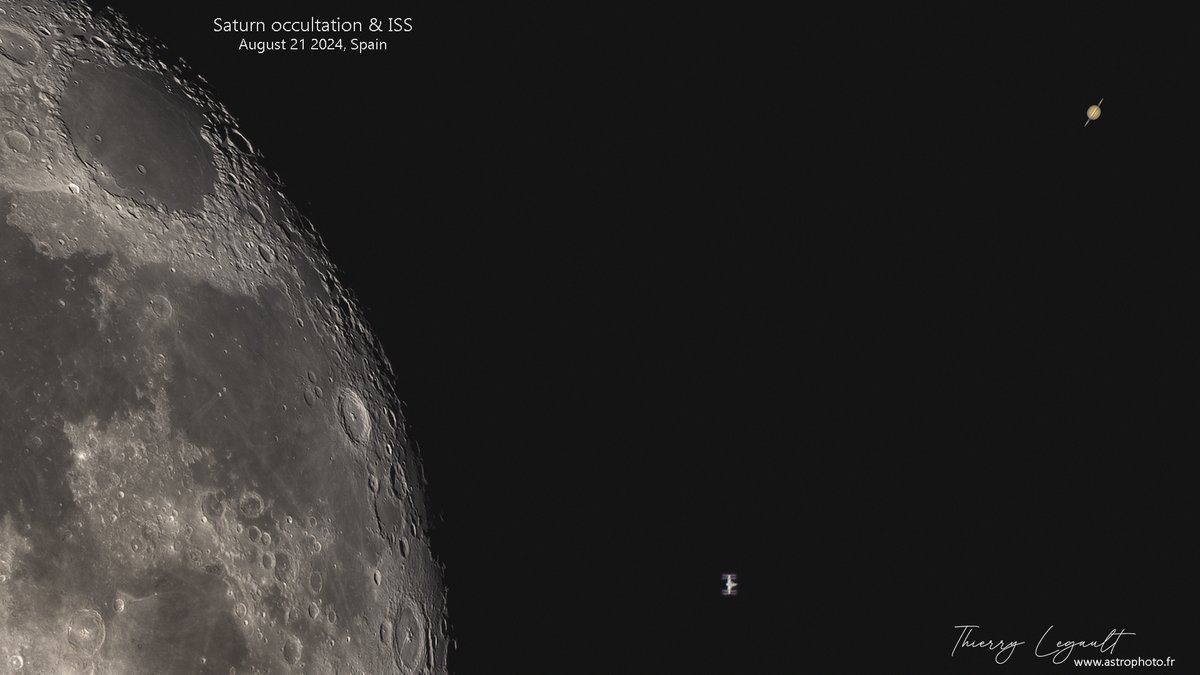 ThierryLegault's tweet image. The Moon, Saturn...and the ISS! 馃槑
After the May 31 occultation from Argentina, I wanted something more challenging! 馃榿
I decided to install my telescope in Spain, in a precise place near the Almendra dam in Castilla&amp;Leon to catch the ISS just 30 min after the occultation 馃槣